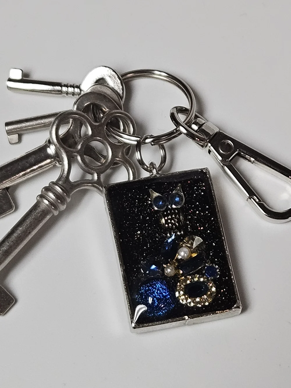 Silver Keychain Bag Charm with Blue Owl Accent